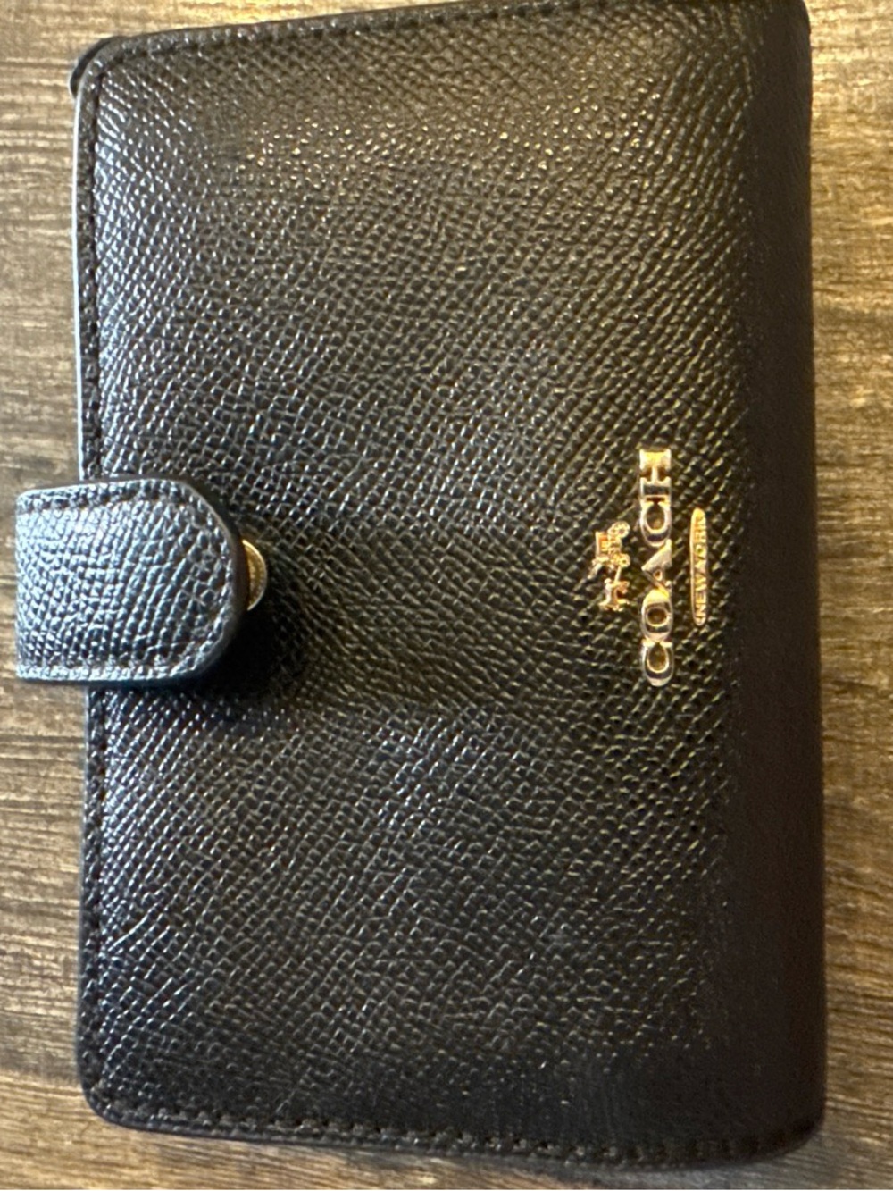 Coach Black Pebbled Leather Snap Wallet with Gold Logo